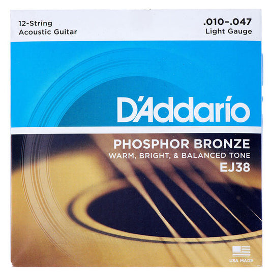 Encordadura D'Addario EJ-38 Guitarra Acústica 12 Cuerdas Fósforo Bronce .010-.047