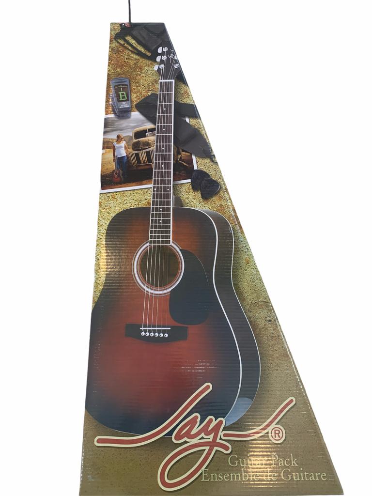 Paquete Guitarra Acústica Jay Turser Sunburst Funda, Púas y Afinador